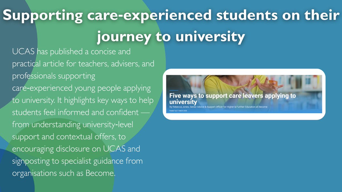 NERAP_Team's tweet photo. Teachers &amp; advisers supporting care‑experienced students UCAS has shared a helpful guide on how you can support learners applying to university, including contextual offers, fee waivers, disclosure on UCAS, and specialist support.
🔗 https://t.co/IsIdLtgeGU https://t.co/lbHOcJYweG