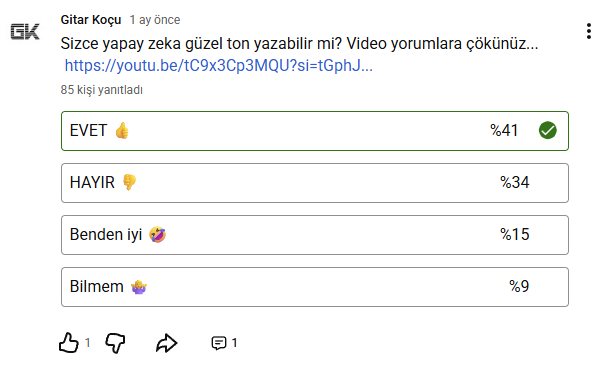 GitarKocu's tweet photo. Gitar Koçu YouTube kanalında yaptığımız anketin sonuçları. Yeni yapay zekalı ton videoları yayında. https://t.co/WpSpnJ3tfQ