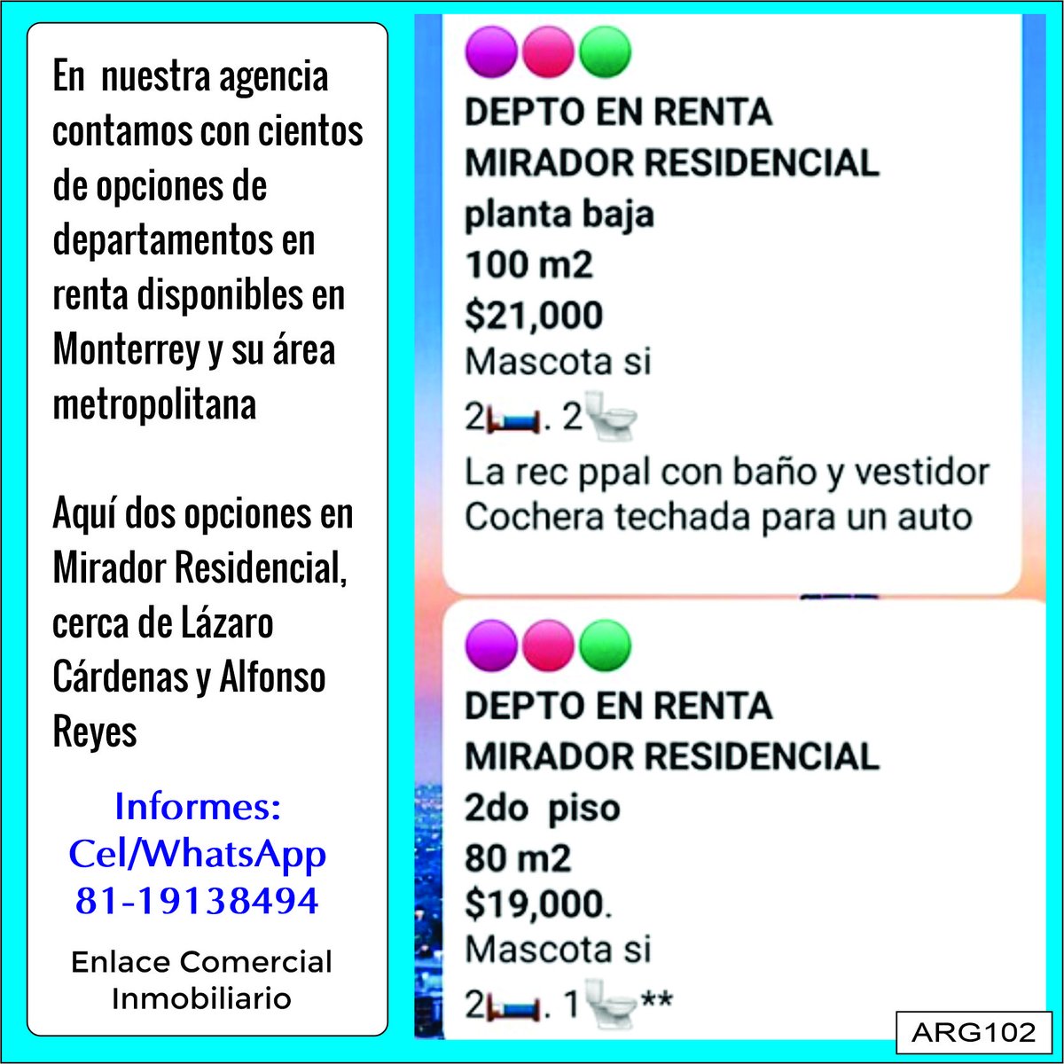 Se rentan departamentos en Mirador Residencial, dos opciones, tenemos más en Monterrey y su área metropolitana.
Más detalles al Cel/WhatsApp: 8119138494
Lic. Jaime Castellanos / Enlace Comercial Inmobiliario
En este enlace puede ir a nuestro WhatsApp:
api.whatsapp.com/send?phone=528…