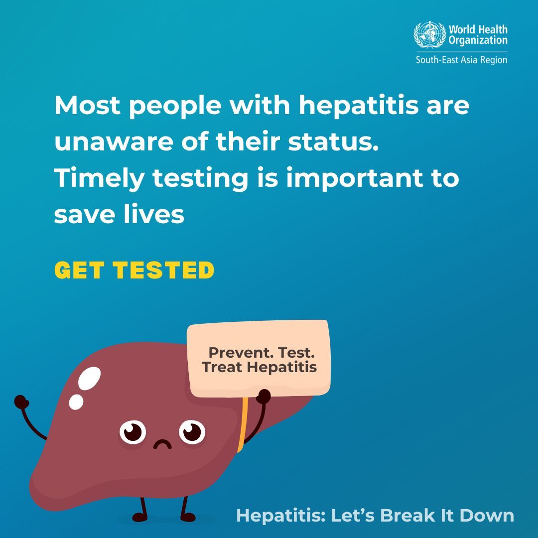 WHOSEARO's tweet image. Most people living with hepatitis don’t know their status.

Early testing can save lives.
Know your status. Get tested.

Prevent. Test. Treat. 

#Hepatitis #GetTested #HealthForAll #EndHepatitis
