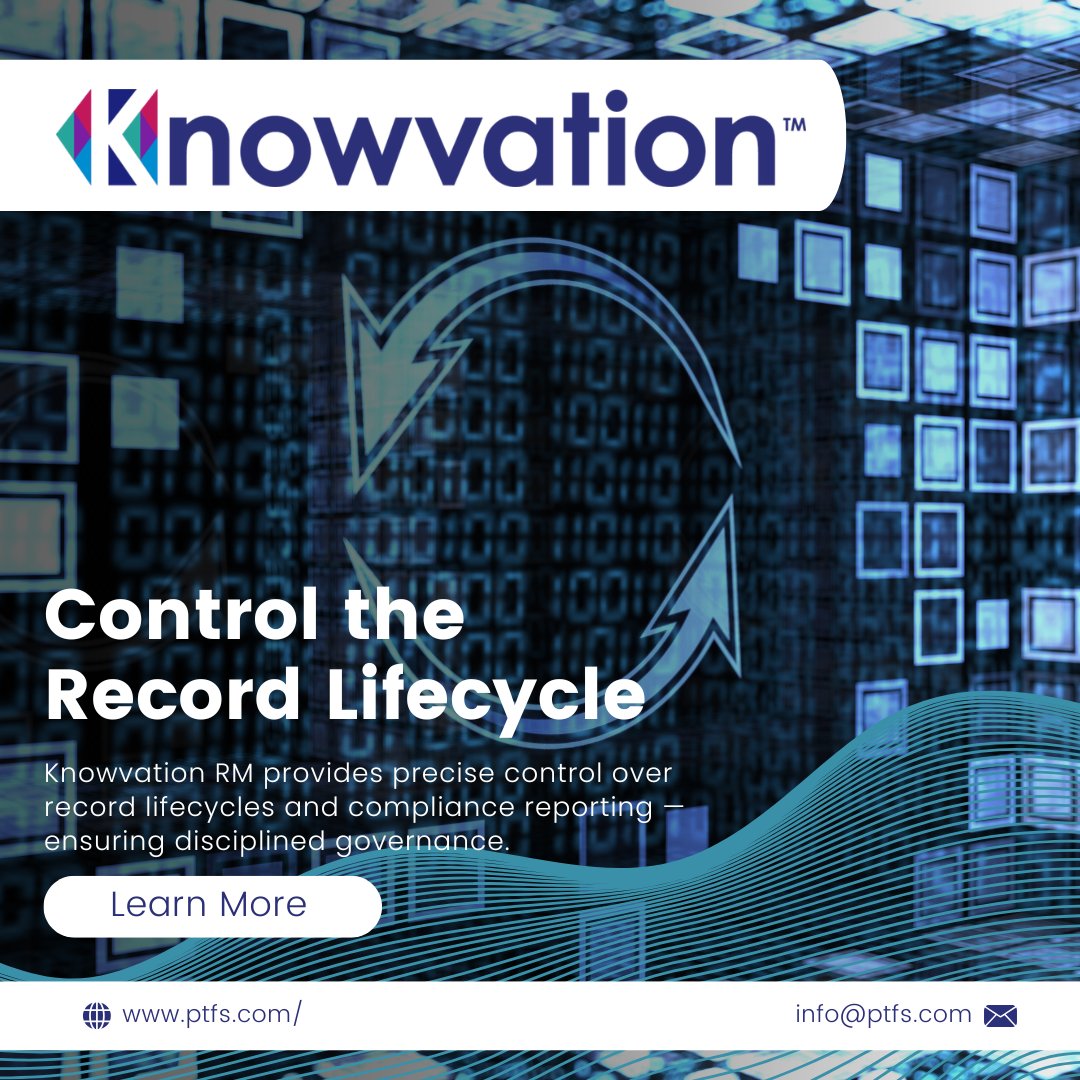 PTFSinc's tweet image. Retention schedules shouldn’t be complicated.
Knowvation RM provides precise control over record lifecycles and compliance reporting — ensuring disciplined governance.

👉 Learn about RM: ptfs.com/solutions/
#RecordsManagement #Retention #Governance #PTFS
