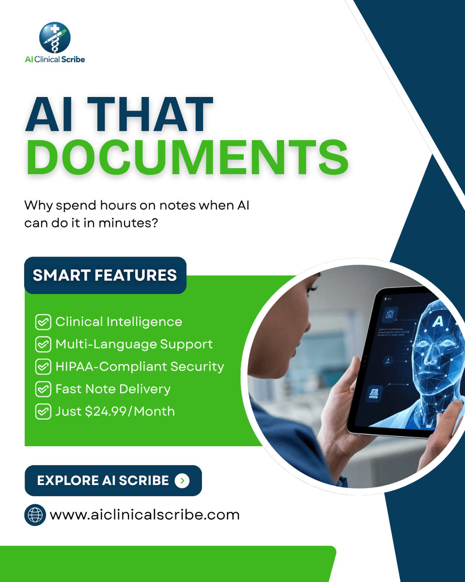 AICScribe's tweet photo. AI that documents, so you don’t have to.

Stop spending hours on notes. AI Clinical Scribe delivers fast and secure documentation, right when you need it.

Because patient care comes first.

#AIHealthcare #ClinicalScribe #MedicalAI #DigitalHealth #AIScribe #HIPAACompliant #MedX https://t.co/NAG1hue4Dg
