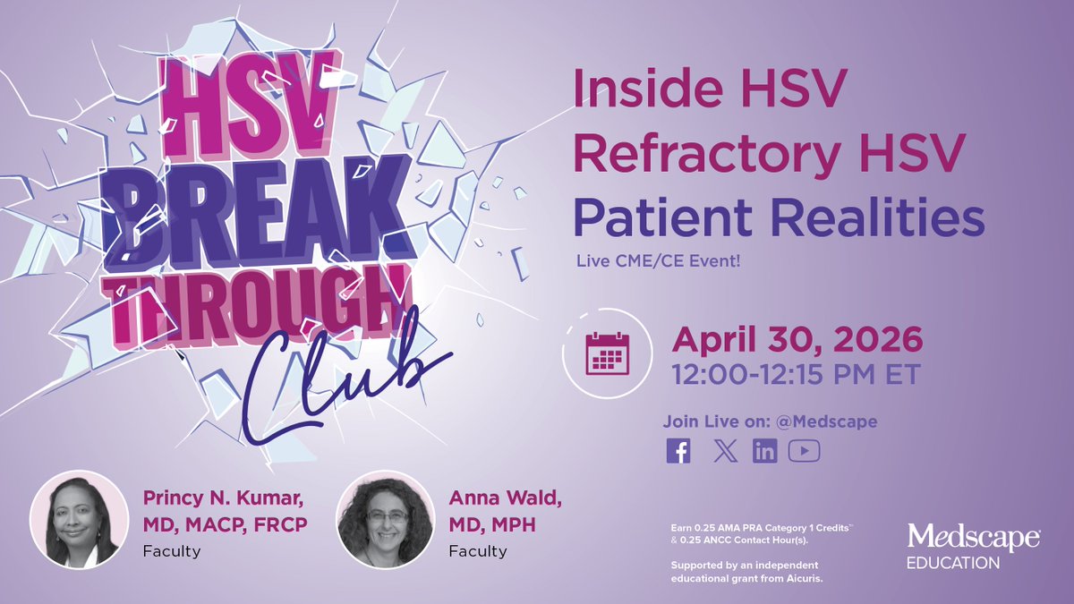 MedscapeCME's tweet image. Ready to master refractory HSV care? 🔍

Join our experts to tackle treatment intolerance and how to identify at-risk patients for better outcomes.

📅 April 30th
🕙 12pm ET
🔗 mdsc.pe/4cIiWgX    

#HSV #InfectiousDisease #CME