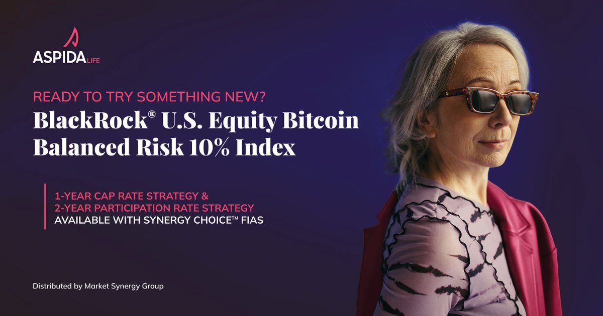 MarketSynergyGR's tweet photo. In partnership w/ Aspida Life, we're excited to announce the @BlackRock® U.S. Equity Bitcoin Balanced Risk 10% Index is now available on the Synergy Choice FIA suite. It uses 2 iShares ETFs — providing exposure to bitcoin &amp; U.S. equities — &amp; cash. 

More: https://t.co/ZVf0LnfODS https://t.co/JvX6LWBkFJ