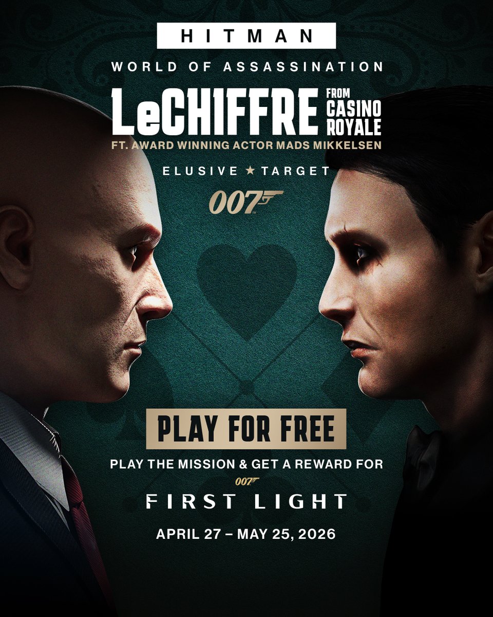 Hitman's tweet image. Le Chiffre from CASINO ROYALE, played by the legendary Mads Mikkelsen, returns to HITMAN World of Assassination. ♠️

Do you have what it takes to go hand to hand against him?

Play for FREE from April 27th until May 25th and unlock the Casino Suit 👔 reward for 007 First Light.