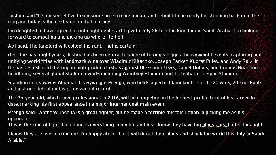 Get ready for the return of Anthony Joshua to the ring against Kristian Prenga at The Comeback 🥊🔥
as part of Esports World Cup 

🗓️ July 25
📺 Broadcast live on DAZN