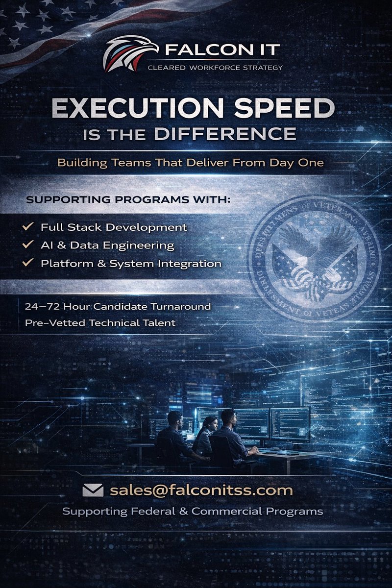 FalconITSS's tweet image. Execution speed is becoming a defining factor in federal program success.
Across active programs, we’re seeing increased demand for technical professionals who can contribute early.
📩 sales@falconitss.com

@falconitss
#GovCon #SoftwareDevelopment #ClearedTalent #FederalContracts