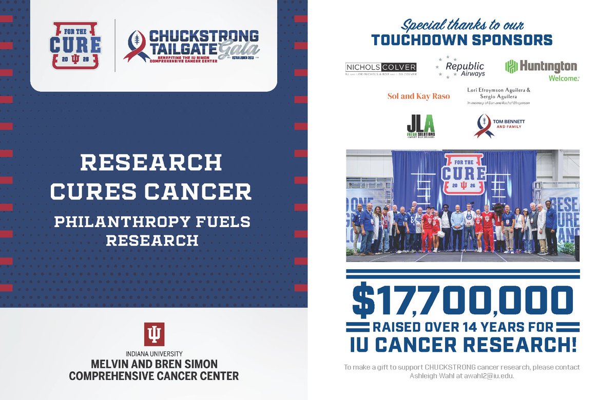 IUCancerCenter's tweet photo. A big thank you to the sponsors behind the #CHUCKSTRONG Tailgate Gala.

Your support helps power cancer research at @IUCancerCenter and keeps this team moving the ball forward in the fight against cancer. We're grateful to have you on this team.

@ChuckPaganoNFL https://t.co/a8sawRGa5z