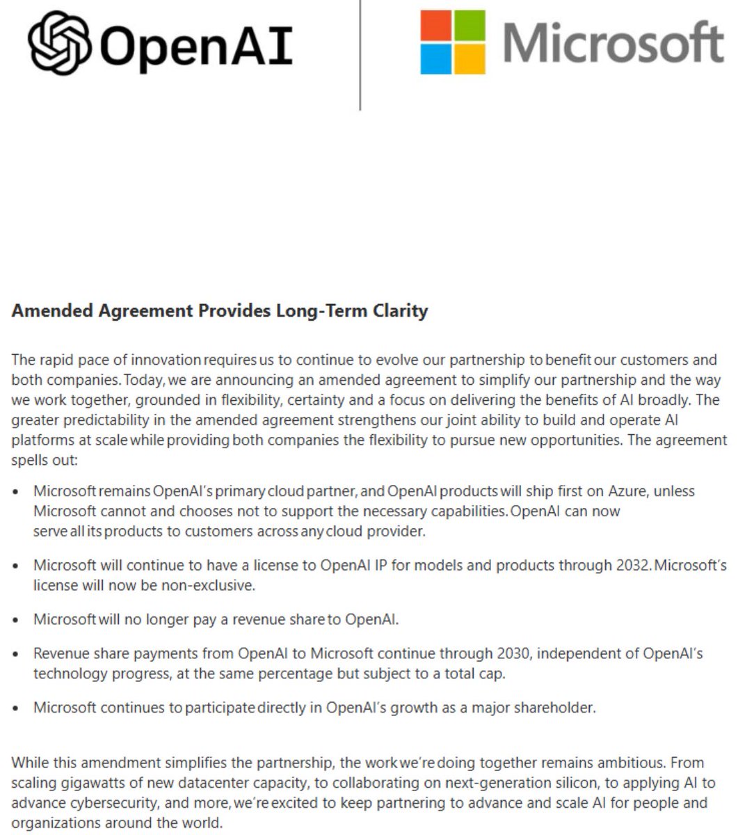 negligible_cap's tweet photo. *MICROSOFT TO NO LONGER PAY A REVENUE SHARE TO OPENAI

$MSFT will no longer pay a revenue share to OpenAI. Revenue share payments from OpenAI to $MSFT to continue through 2030.

OpenAI can now serve all its products to customers across any cloud provider, no longer just Azure. That said, $MSFT remains OpenAI’s primary cloud partner, and OpenAI products will ship first on Azure unless MSFT can’t support the necessary capabilities.

$MSFT down 4%, $AMZN trading higher