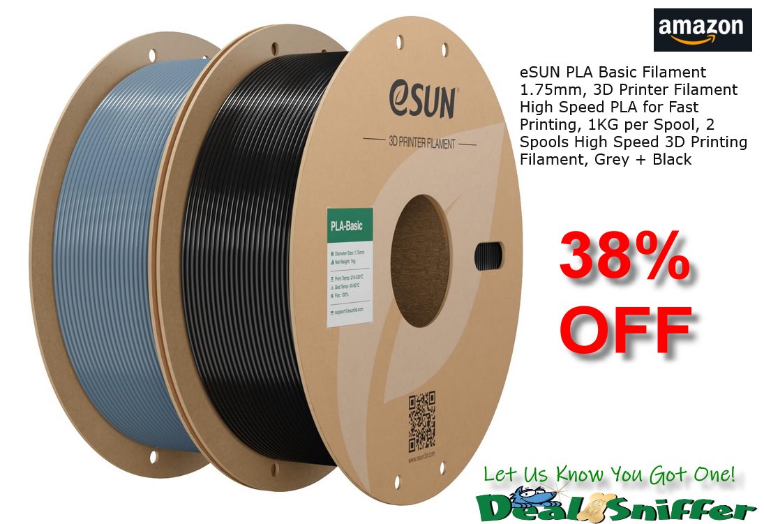 dealsniffer's tweet image. 👍 38% OFF 2-Pk 1Kg eSUN 1.75mm PLA Basic 3D Printer Filament (Grey + Black) 👏
amzn.to/4sWhlKM  🔗
#3dprint #3dprinter #printing #DIY #crafts #hobby #Amazon