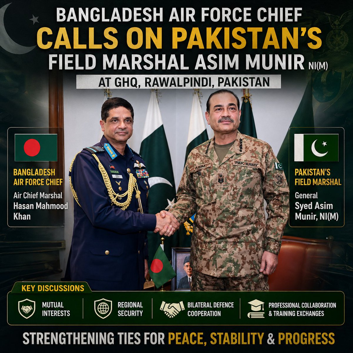 Bangladesh Air Force chief Hasan Mahmood Khan called on Pakistani Field Marshal Syed Asim Munir, NI(M) at GHQ, Rawalpindi, Pakistan. Discussions focused on mutual interests, regional security,bilateral defence cooperation, including professional collaboration &amp; training exchanges