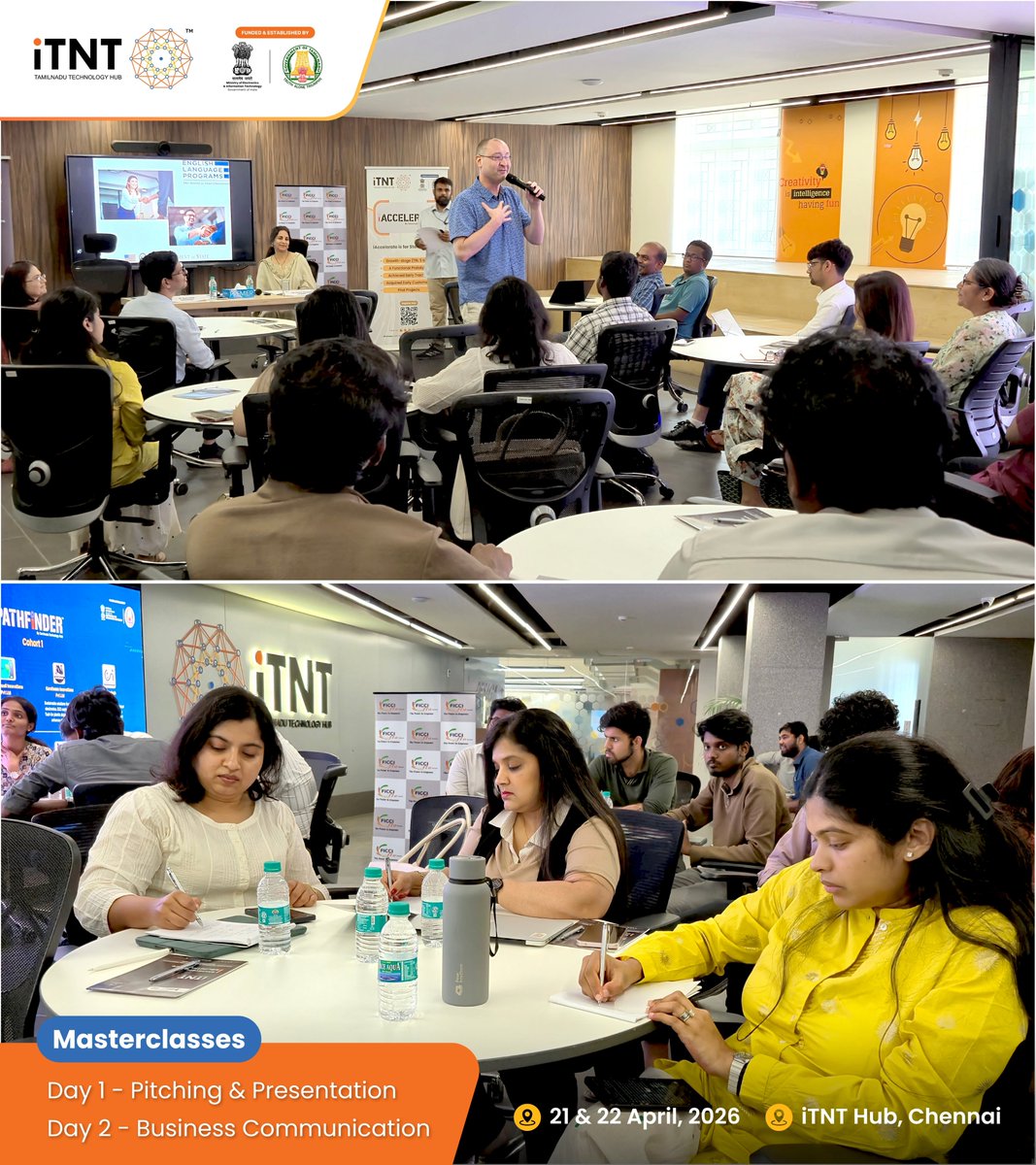 itntHub's tweet photo. 𝗦𝘁𝗿𝗲𝗻𝗴𝘁𝗵𝗲𝗻𝗶𝗻𝗴 𝗦𝘁𝗮𝗿𝘁𝘂𝗽 𝗡𝗮𝗿𝗿𝗮𝘁𝗶𝘃𝗲𝘀
𝗧𝗵𝗿𝗼𝘂𝗴𝗵 𝗣𝗶𝘁𝗰𝗵𝗶𝗻𝗴 𝗮𝗻𝗱 𝗕𝘂𝘀𝗶𝗻𝗲𝘀𝘀 𝗖𝗼𝗺𝗺𝘂𝗻𝗶𝗰𝗮𝘁𝗶𝗼𝗻 𝗠𝗮𝘀𝘁𝗲𝗿y

iTNT Hub, in collaboration with the U.S. Consulate General Chennai, organised a two-day masterclass exclusively for our incubated and accelerated startups on April 21–22, 2026.

The sessions commenced with a welcome address by Ms. Vanitha Venugopal, CEO of iTNT Hub, and were led by 𝗠𝗿. 𝗥𝗼𝘆𝗰𝗲 𝗛𝗼𝗿𝗮𝗸, English Language Fellow at CUSAT, Kochi. Day 1 focused on Pitching and Presentation skills, while Day 2 emphasised Business Communication. Through structured sessions, startups gained practical insights into building effective pitch structures and enhancing storytelling in business contexts. The programme helped improve clarity in communication and enabled founders to better articulate their value propositions.

The masterclass concluded with one-on-one pitching sessions, where participating startups presented their ideas directly to the expert. These personalised interactions provided tailored feedback, helping founders fine-tune their communication approach and presentation strategies.

@ficci_india

#DeepTech #EmergingTech #Innovation #Technology #TamilNadu #Startups #InnovateInTN #BuildTheFuture #IndiaInnovation