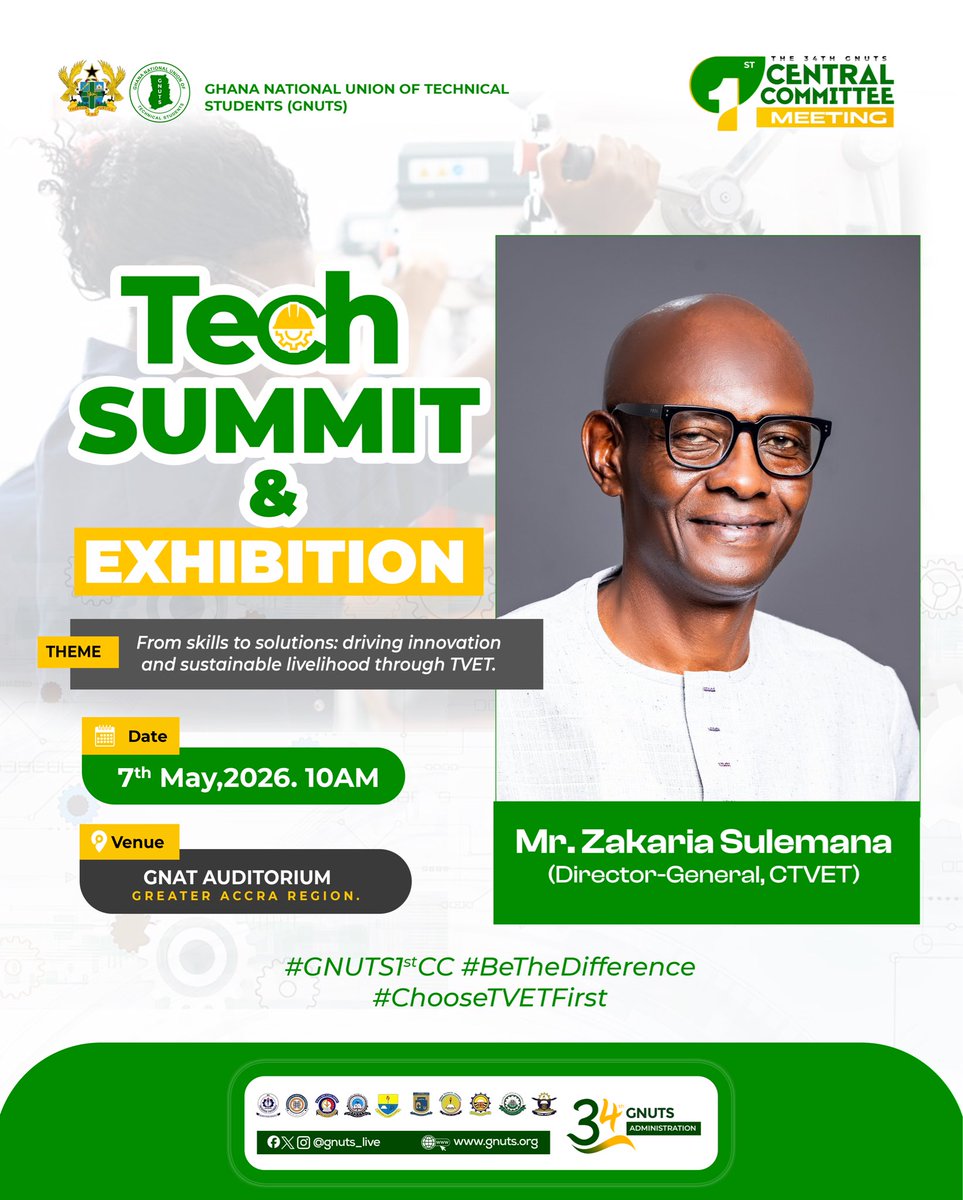 GNUTS_LIVE's tweet image. ⚡ GNUTS Tech Summit 2026!
🎤 Mr. Zakaria Sulemana (DG, CTVET) joins as a distinguished speaker.

📅 7 May | 10 AM
📍 GNAT Auditorium, Accra
🎯 Theme: From skills to solutions.

#GNUTS1stCC #BeTheDifference #ChooseTVETFirst