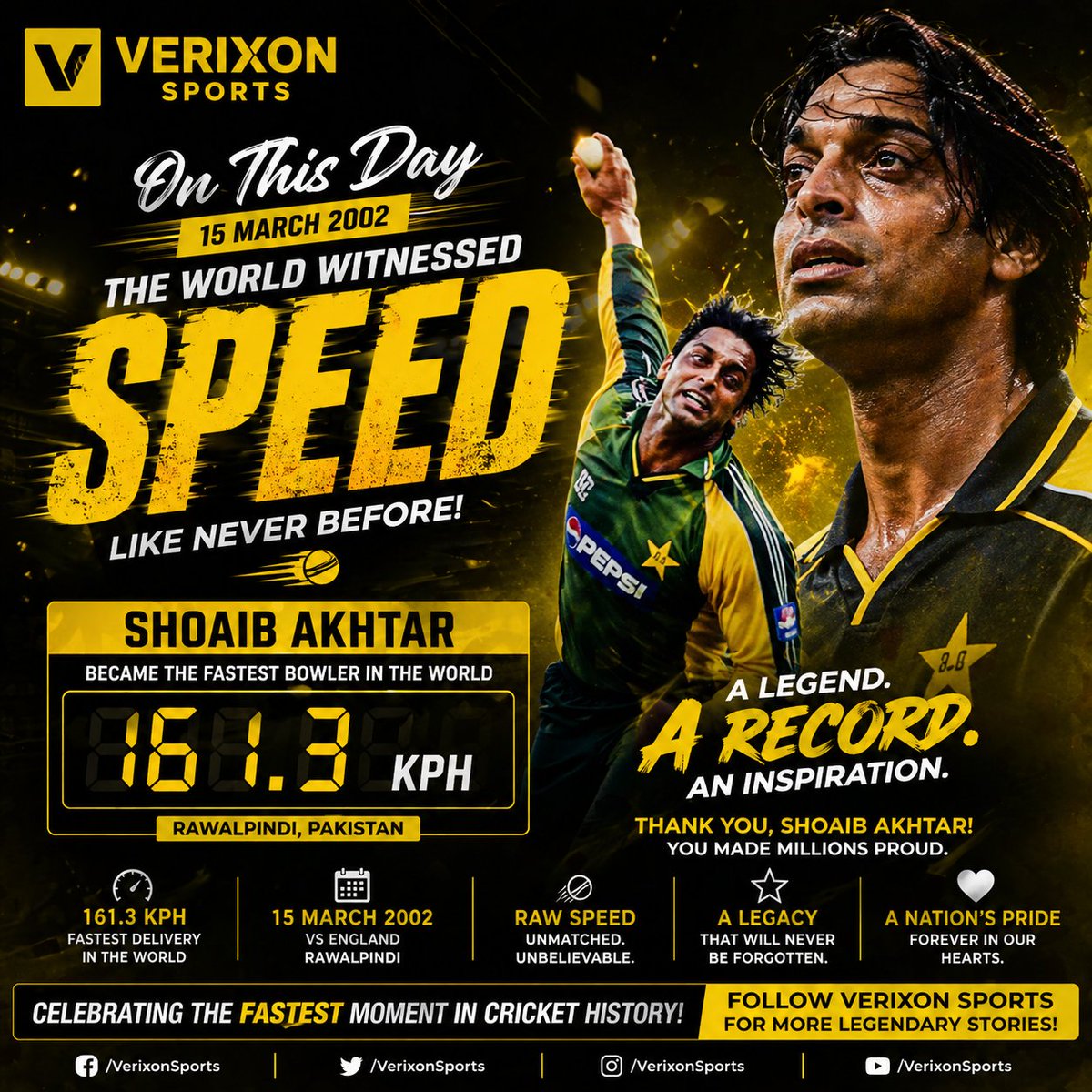 VERIXONSports's tweet photo. 161.3 KPH.
Not just a number…
A moment that shook world cricket forever.
The Rawalpindi Express didn’t just bowl fast .
He rewrote history.
@shoaib100mph
@TheRealPCB
@thePSLt20
@SkySportsNews
#Cricket #FastestBowler #NewEra #HBLPSL11 https://t.co/eXGOk9E3Oj