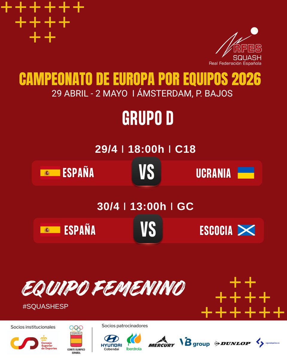 RFESquash's tweet photo. 🇪🇺 CAMPEONATO DE EUROPA POR EQUIPOS 2026 
 
🛫 La expedición española viaja mañana a Ámsterdam para competir en la cita europea  

🔗Previa: https://t.co/RyxdG8D3qu 

 🇪🇸¡VAMOS!   

#SquashEsp @EuropeanSquash @deportegob https://t.co/DQBqxEOUVV