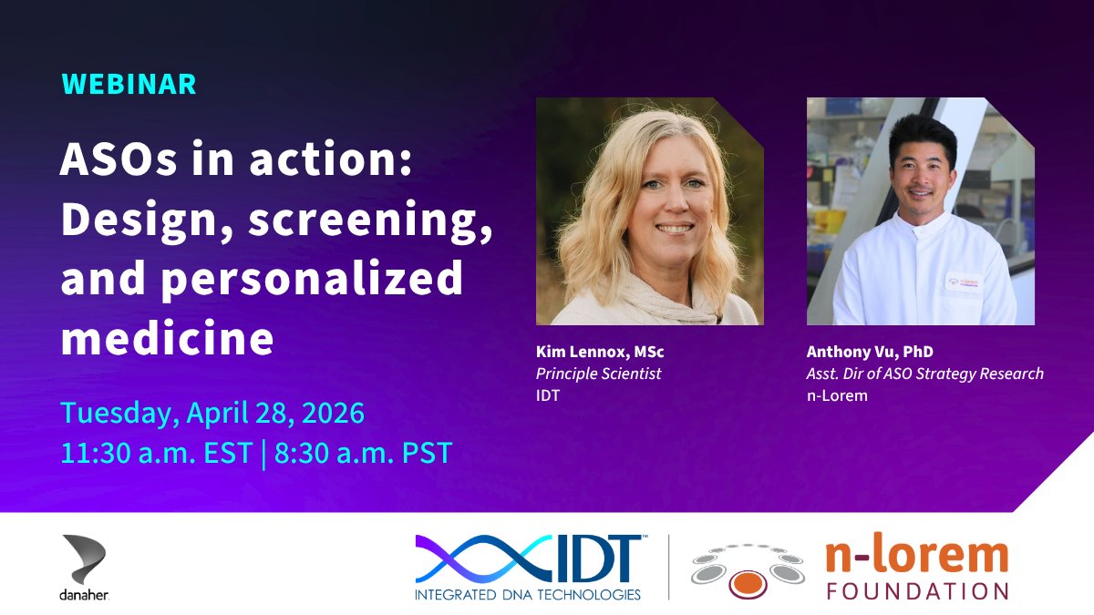 Missed this joint @idtdna and n-Lorem Foundation webinar? You can now watch it ON-DEMAND!Â
Learn why high throughput ASO screening is essential for developing effective therapies for nano-rare diseases and more!