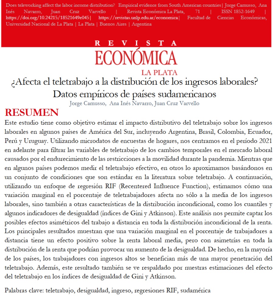 IIEunlp's tweet photo. ¿Todos los trabajadores se benefician por igual del teletrabajo?

🧵Hilo sobre una reciente publicación de la Revista Económica-UNLP que estudia cómo afecta el home-office los ingresos laborales en Sudamérica 📖
Autores: @VarvelloJc, @JECamusso, @anainesnavarro (@UnivAustral) https://t.co/skTYai9iN5