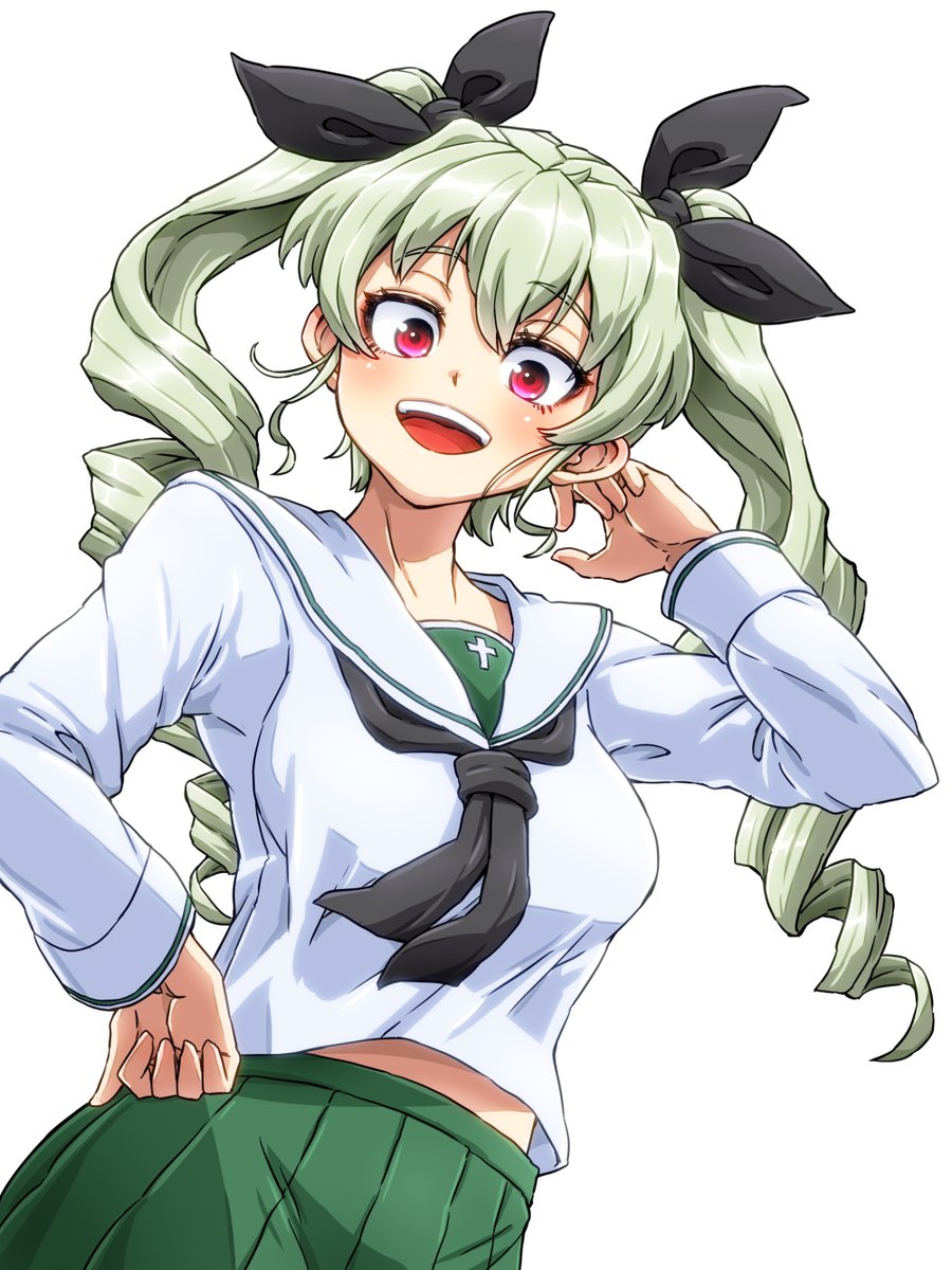 大洗女子学園の制服着たアンチョビねえさん描きました！
久しぶりに描きましたが今回も髪の毛のクルクルんとこ描いててよくわからんくなりました！