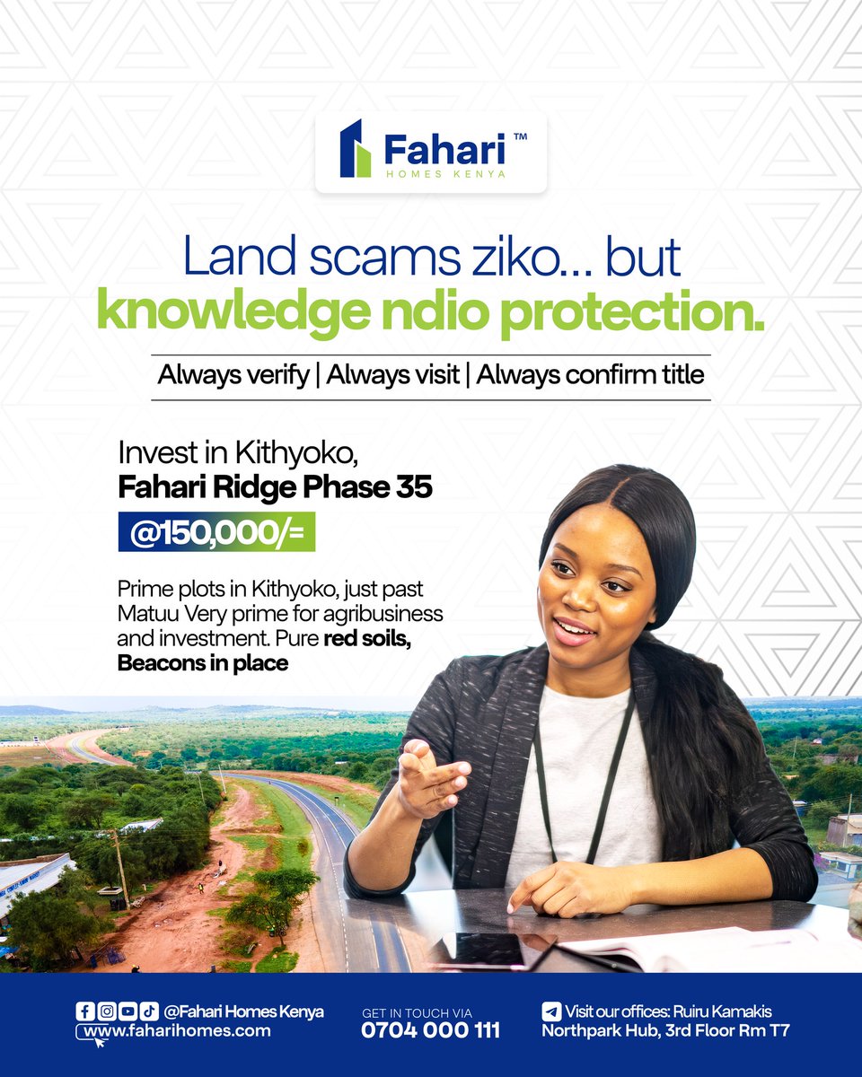 Faharihomes's tweet image. Don't let fear stop you. Let knowledge guide you. Invest Smart. Invest with Fahari Homes.

 Call/WhatsApp: 0704 000 111
 Visit: Northpark Hub, Ruiru Kamakis, 3rd Floor, Room T7

#LandForSale #RealEstateKenya #PropertyInvestment #PlotsForSale #BuyLandKenya

Knowledge is free.