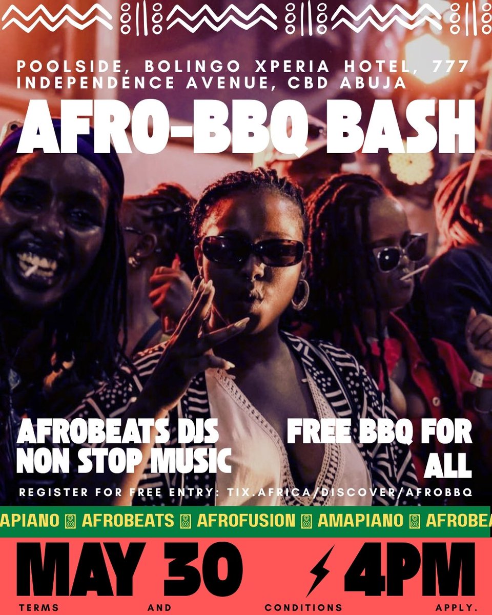 wrldyute's tweet image. SATURDAY 30TH MAY
We’re celebrating the rhythm that connects us all, in a unique way.

The AFRO-BBQ BASH (Vol. 1).
chill, sip, dip, dance, party and play with us…

FREE BBQ FOR ALL!
#wrldyute #afrobbqbash #abuja 

REGISTER FOR PRIORITY ACCESS:
tix.africa/discover/afrob…