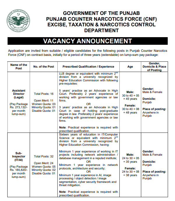 ilmkidunya's tweet image. حکومتِ پنجاب کے محکمہ ایکسائز، ٹیکسیشن اینڈ نارکوٹکس کنٹرول کے تحت پنجاب کاؤنٹر نارکوٹکس فورس (CNF) میں مختلف آسامیوں کا اعلان کر دیا
آخری تاریخ:
8 مئی 2026

#jobopportunity #jobs #jobalert