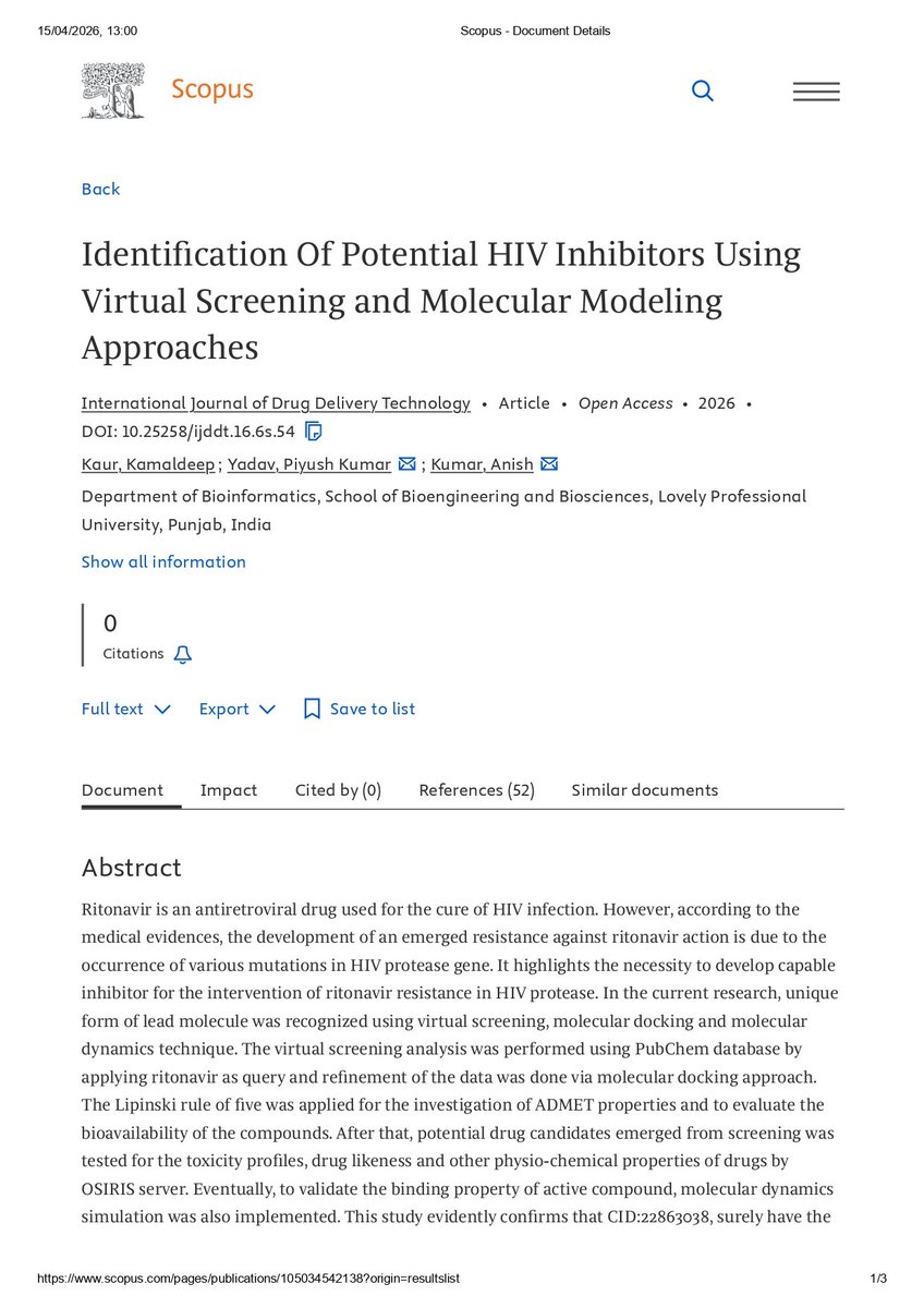 KaurK86244's tweet image. My paper is Scopus indexed feel free to cite this paper in your research ✨
#ScopusIndexed #Bioinformatics #DrugDiscovery #MolecularDocking #InSilico #HIVResearch #ComputationalBiology #AIinHealthcare #ScientificResearch #PhDLife #ScienceTwitter #OpenScience