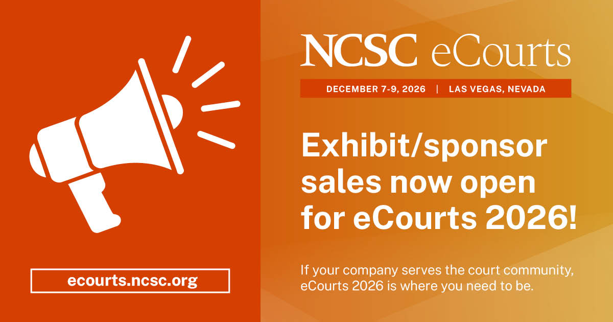 StateCourts's tweet image. Exhibit and sponsor sales are now open for eCourts 2026!

If your company serves courts, justice systems, or legal technology—this is where you need to be. eCourts brings together 1,000+ judges and court leaders in one place.

#eCourts2026 #LegalTech #CourtTechnology #GovTech