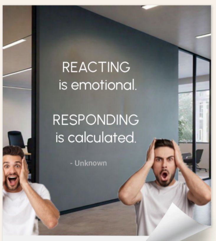 SanatThakkar's tweet image. REACTING is emotional.
RESPONDING is calculated.
#quote Unknown ✍️ 
#ThinkBIGSundayWithMarsha 
#respond #react