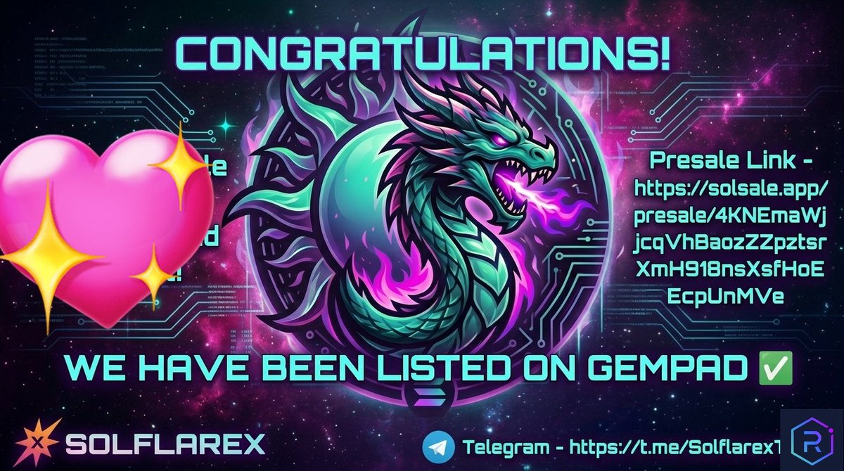solflarexcrypto's tweet photo. Big Congratulations All of You 🎉 

We have been Live @gempad_app 🚀

You can buy now

Buy - https://t.co/9d1fCWLtWj

#Presale #Fairlaunch #Crypto #Dextool #Dexscreener #Gempad #Solsale https://t.co/qveFunqfuN