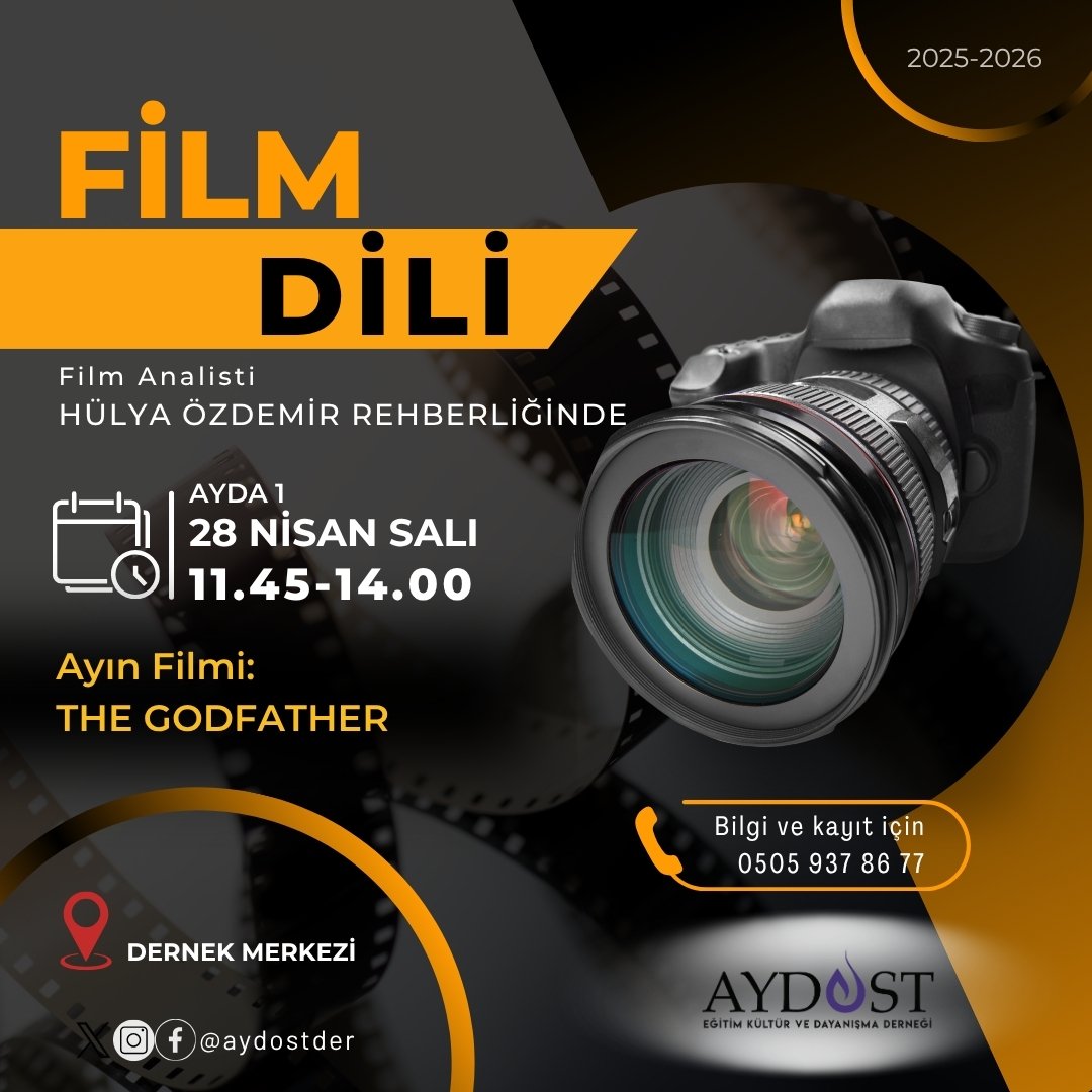AYDOSTDER's tweet photo. 📌 Film analisti Hülya Özdemir Hanımefendi ile dernek merkezimizde, ayda bir gerçekleştirdiğimiz Film Dili seminerimize katılımınızı bekliyoruz.

🗓 28 Nisan Salı
🎞 Film: The Godfather
⏰ Saat: 11.45 - 14.00

📞 Bilgi ve Kayıt: 0505 937 86 77
#aydostder #eğitim #filmokumaları https://t.co/dwtp3YpCRl