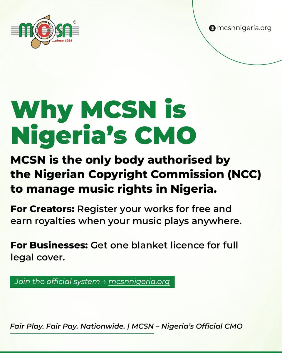 Musical Copyright Society Nigeria (MCSN) tweet media