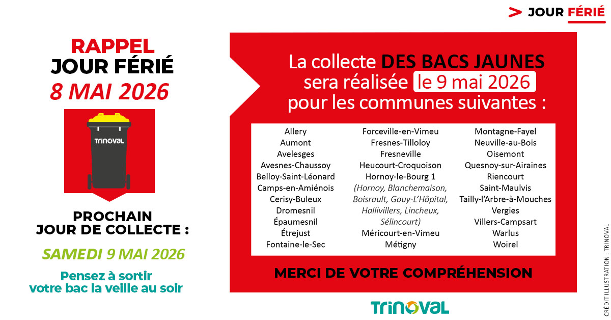 TRINOVAL80's tweet image. [#information à partager - collecte des emballages]
RAPPEL - Jour férié – 1er mai 2026 : la collecte du bac jaune (emballages recyclables) sera effectuée le samedi 2 mai 2026.
Pensez à sortir votre bac la veille au soir !
 trinoval.fr/vos-jours-de-c…