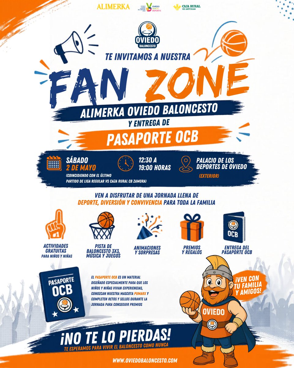 oviedocb's tweet photo. 🎉🏀 𝗙𝗮𝗻 𝗭𝗼𝗻𝗲 - 𝗣𝗮𝘀𝗮𝗽𝗼𝗿𝘁𝗲 𝗢𝗖𝗕

🗓️ Fecha: 2 de mayo
⏰ 12.30 a 19 horas
🆚  Caja Rural CB Zamora
📍 Lugar:  Palacio de los Deportes (Fan Zone)
🎪 ¿Qué te espera? Pista de baloncesto 3x3, música, juegos y muchas animaciones

#alimerkaocb
#yosoyocb https://t.co/ruRW09WmLV