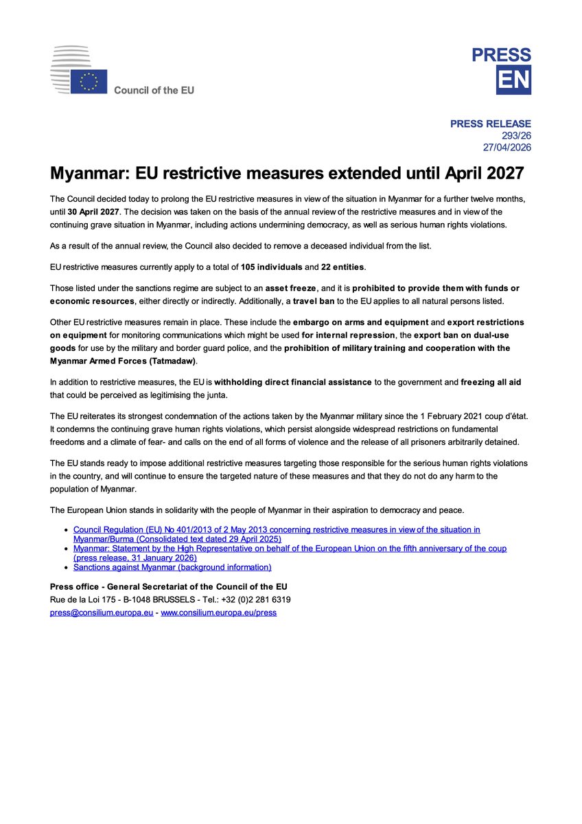 zoyaphan's tweet photo. EU has extended restrictive measures on Burma/Myanmar for another year. This is not enough, EU must expand Burma/Myanmar oil and gas sector sanctions.
https://t.co/XRHmgFPVpq https://t.co/bq2aAVi9ny