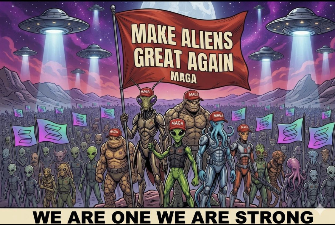 MrDiamondX1's tweet photo. @elonmusk @hayasaka_aryan @elonmusk the Aliens have already landed at SpaceX HQ! 🛸

While you're preparing for the IPO, $MAGA is building the first extraterrestrial political bridge. Check the billboards outside—the abduction of the legacy financial system has begun. 👽💎

#MAGA_Aliens #SpaceX https://t.co/QrfJ7az1L8