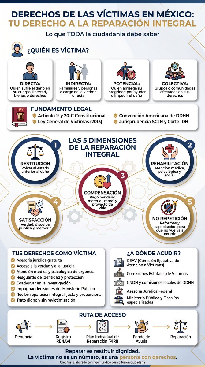 🚨 ¿Sabías que si eres víctima de un delito o de una violación a tus derechos humanos en México, el Estado te DEBE una reparación integral… y no, no es solo dinero?

La mayoría de las personas no conoce el alcance brutal de este derecho: incluye RESTITUCIÓN, REHABILITACIÓN,