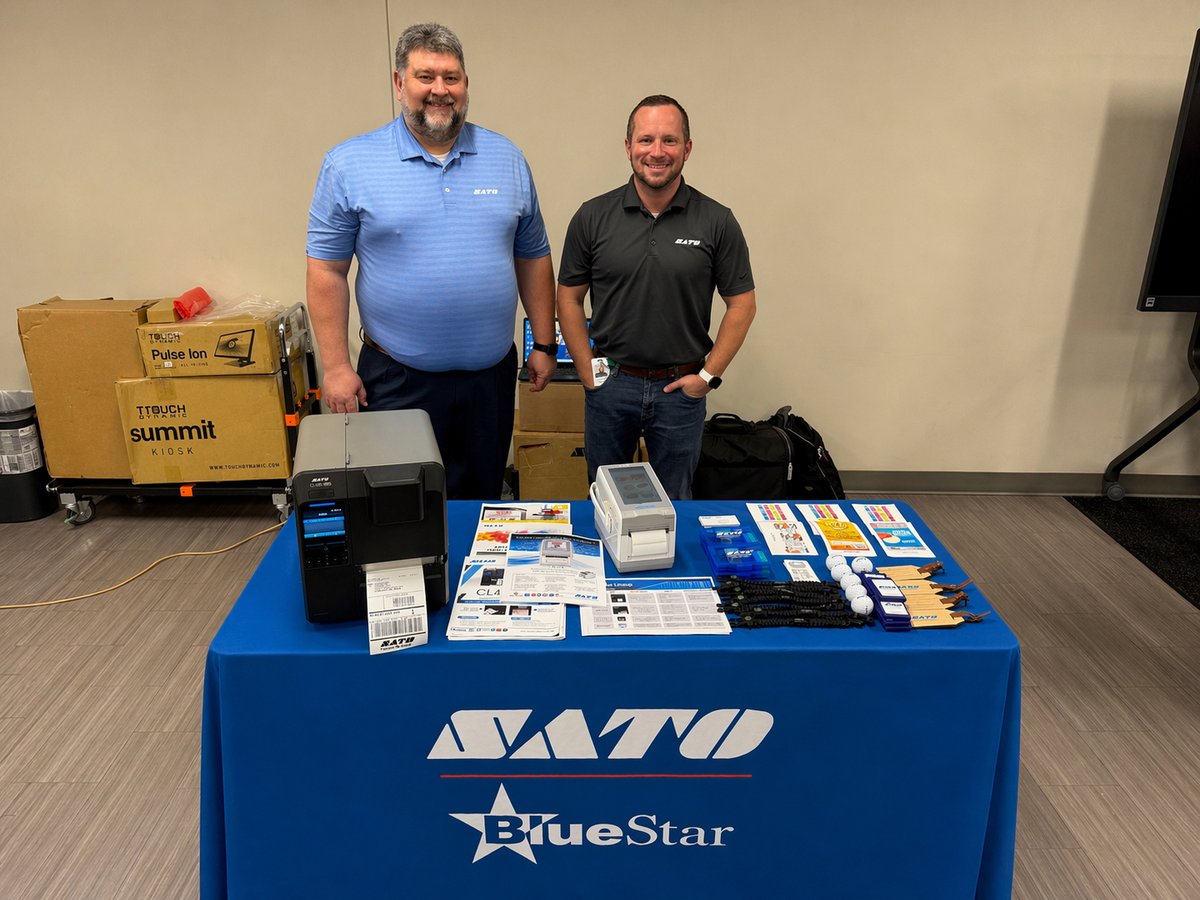 SATOamerica's tweet photo. Thanks @BlueStar for hosting SATO America at In-House Technology Day, showcasing Inkjet label solutions and the FX3 touchscreen printer. Empowering smarter, connected labeling and printing. #Technology #Partnership #Innovation #SATO #BlueStar #AutoID #SupplyChain https://t.co/KS6T801lj9