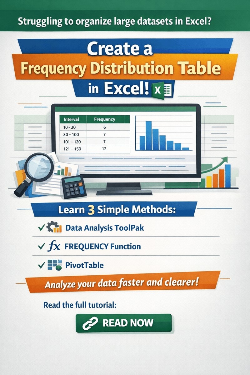 ex_ins's tweet image. 📊 Want to summarize large datasets in Excel?

Create a Frequency Distribution Table using:

✔ Data Analysis ToolPak
✔ FREQUENCY Function
✔ PivotTables

Step-by-step method 👇
🔗 youtu.be/n8TCU8IDOXI?si…

#Excel #ExcelTips #Statistics #Frequency #Frequencydistribution