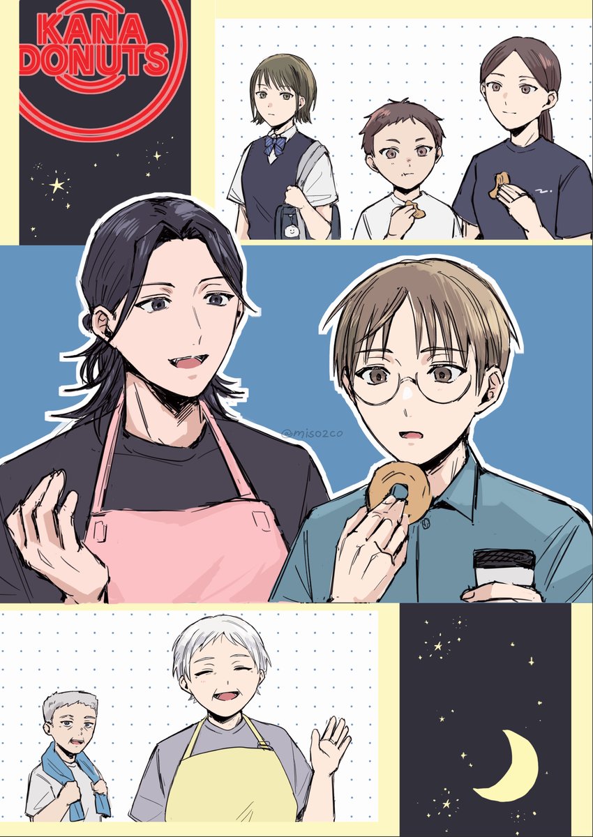 miso2co's tweet photo. 『ドーナツ屋の夜のつれづれ 01』表紙ラフ案②
1巻登場キャラを全員入れようとしたものです☻ https://t.co/mj4O9Yh1w1