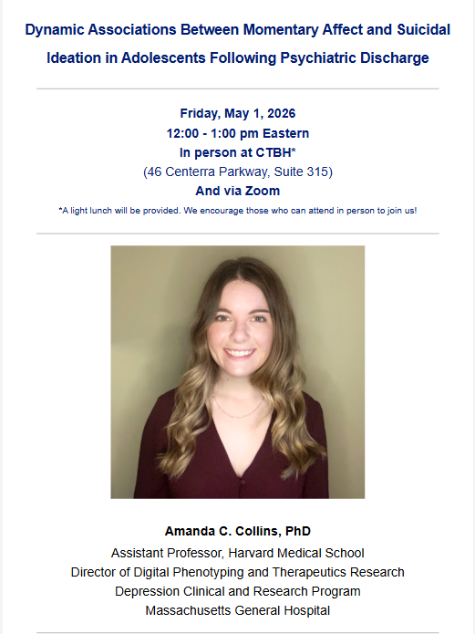 DartmouthCTBH's tweet image. This Friday! CTBH's Amanda Collins, Assistant Professor @harvardmed will present the next CTBH Seminar! #suicide #adolescents