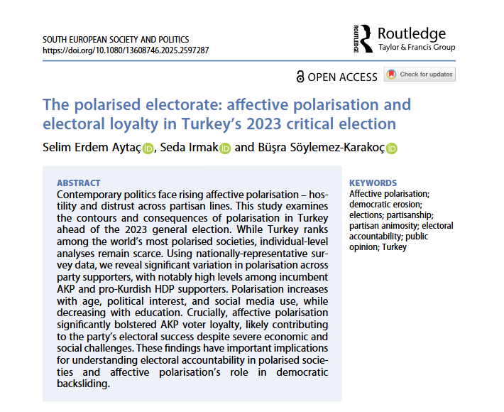 sesp_j's tweet photo. 💡NEW STUDY FINDS…💡 #OpenAccess 🇹🇷
✅AKP &amp; HDP partisans most polarised; 
✅social media use and age increase polarisation levels

the article by @se_aytac, @irmaksed &amp; @BusraSKarakoc 
maps affective #
polarisation in #Turkey
👇
https://t.co/MfJuJabdie https://t.co/9XbSCi5MIR