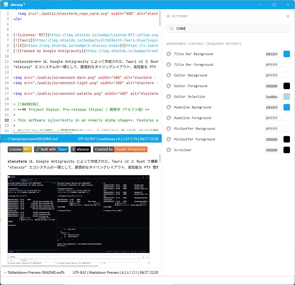 elecxzy's tweet image. #elecxzy 安定版v0.3.0リリース！
- ワークスペースサイドバー導入 (C-. または C-c w)
- 上書きモード (Insert)
- モードラインに日時、選択範囲情報表示
- Ctrl+マウスホイールによるフォント拡大縮小
- M-x just-one-space実装
詳細は↓リリースノートを参照ください！
github.com/kurouna/elecxz…
