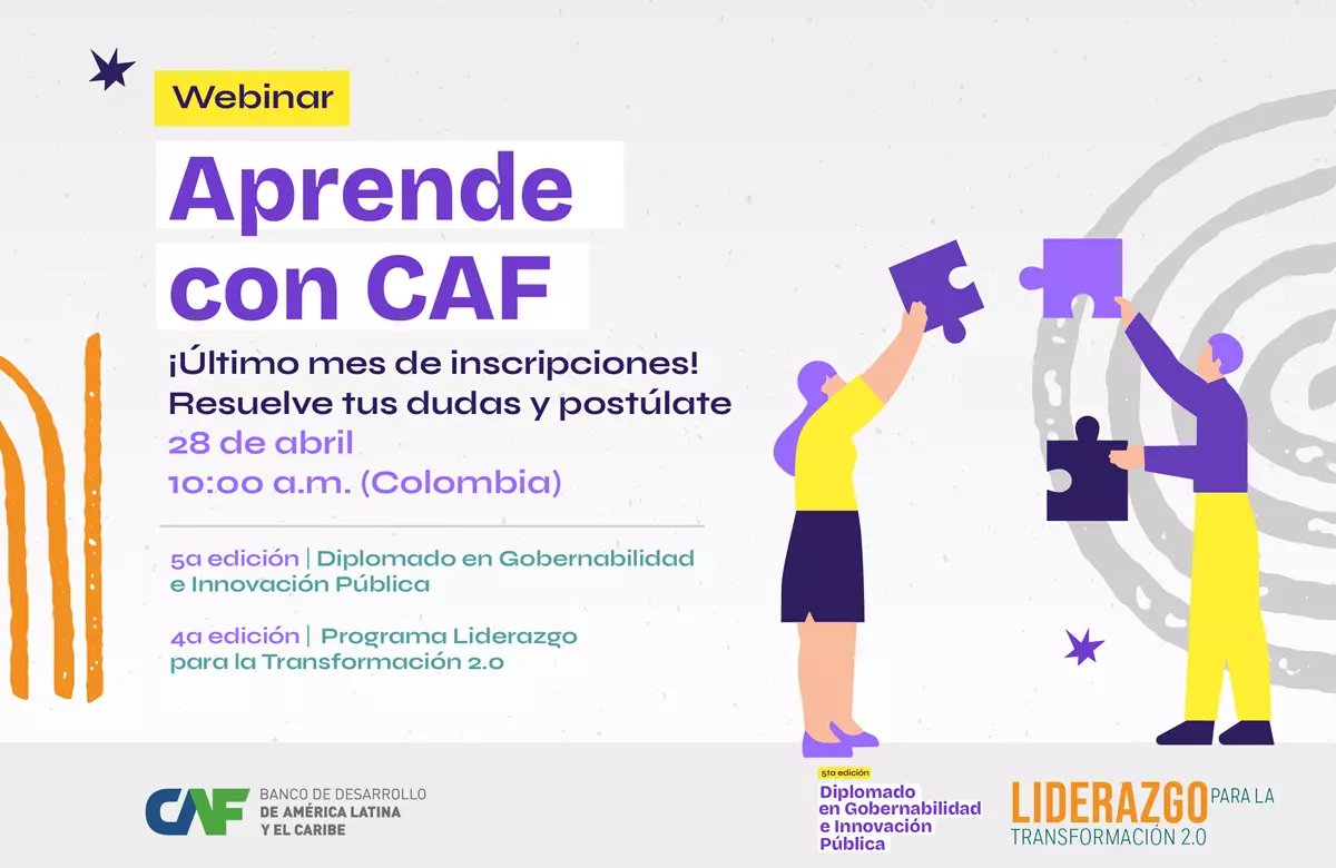 AgendaCAF's tweet photo. 🎓 ¿Dudas sobre nuestros programas de formación?
Súmate al webinar Aprende con CAF y conoce en detalle el Diplomado en Gobernabilidad e Innovación Pública y el Programa Liderazgo para la Transformación.

Resuelve tus preguntas, escucha experiencias de egresados y postúlate en el último mes de convocatoria.

🌎 Formación para transformar lo público y lo social en América Latina y el Caribe.

📅 28 de abril
👉 Regístrate:
https://t.co/hUNwDsSSHo