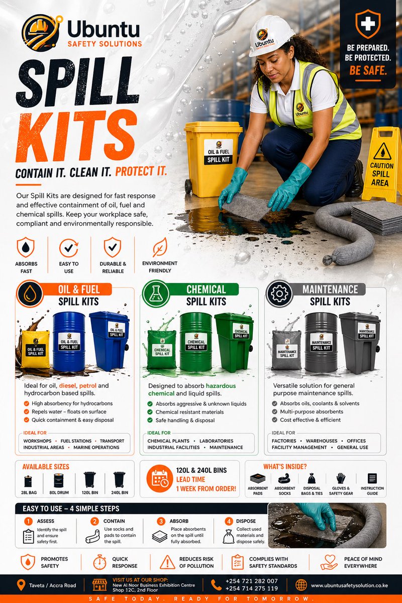 Clean it. Contain it. Protect it.

Premium spill kits for oil, chemical &amp; maintenance use—fast, reliable, and ready when it matters.

#UbuntuSafetySolutions #SpillKit #SafetyFirst #EHS #WorkplaceSafety