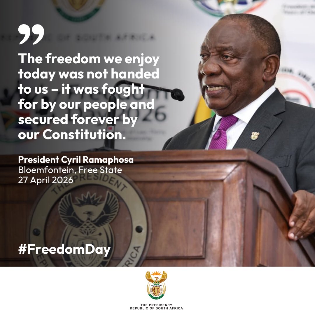 GovernmentZA's tweet image. A powerful reminder that the freedom we enjoy today was hard-won through sacrifice and is safeguarded by the Constitution we must uphold every day 🇿🇦

🔗 Speech 👉🏽 zurl.co/jxKZe
 
#FreedomDay2026 #FreedomMonth #RuleOfLaw