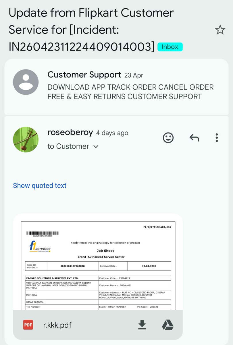 Dalchan81993833's tweet image. My laptop is stuck at the service centre since 26th March (Case ID: 0002604107063838). Support orally says wait until 15th May but refuses to give this in writing via mail. This is mental harassment! @Flipkart @consure_jeeves @jagograhakjago @AshwiniVaishnaw #ConsumerCourt