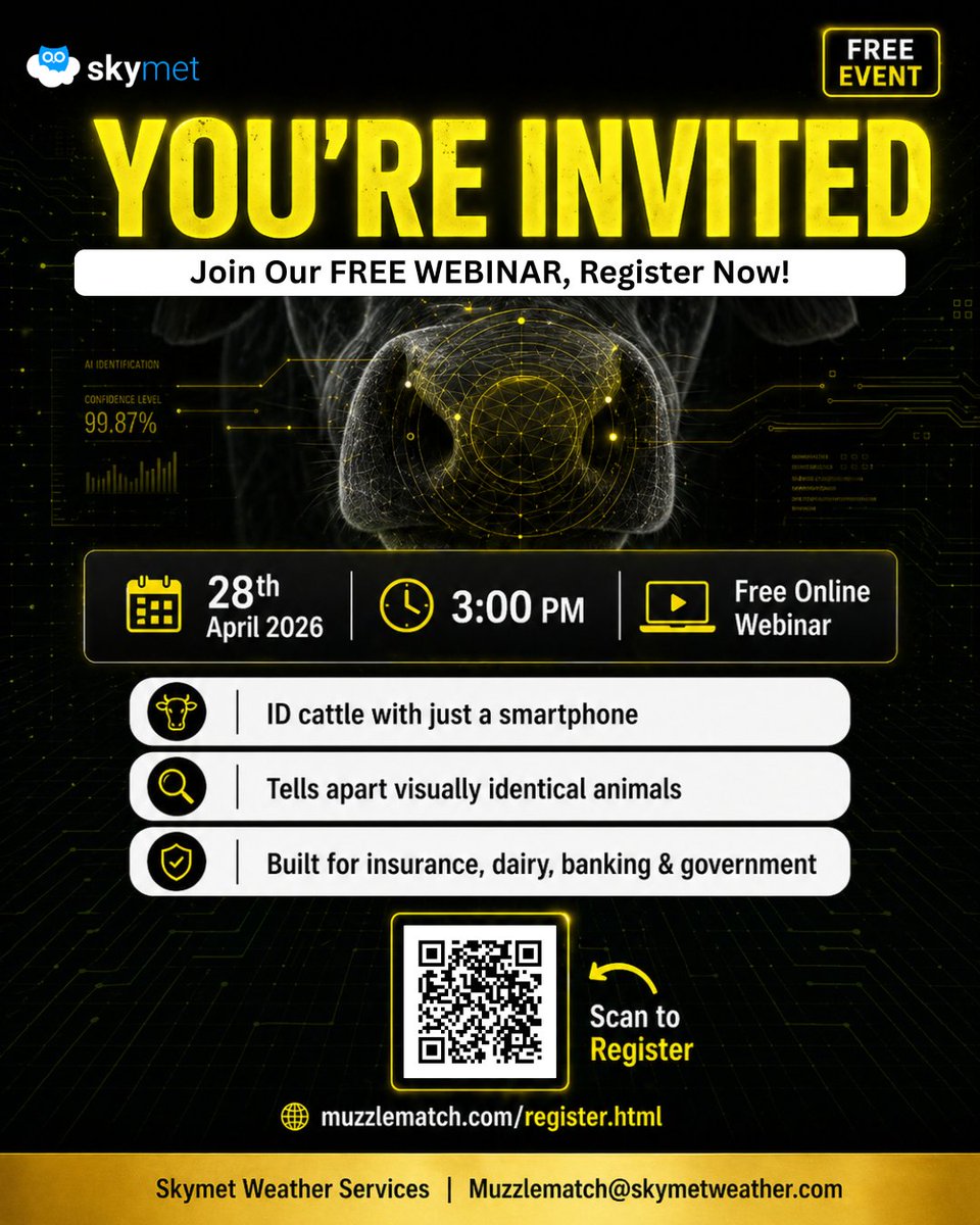 SkymetWeather's tweet image. Skymet is hosting a FREE webinar to introduce GAI — AI-powered livestock identification that reads muzzle biometrics like a fingerprint. No tags. No chips. Just a phone. 

📲 Scan the QR on the poster to register or click here: muzzlematch.com/register.html

#Skyme #AI #AgriTech