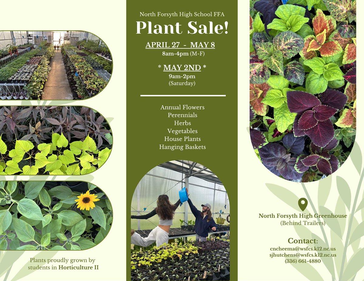 Support student learning while growing your garden🌱
Every plant at the North Forsyth FFA Plant Sale was grown by students in Horticulture II.
🗓 April 27–May 2⏰ 8am–4pm (M–F) | 9am–2pm (Sat, May 2)
Stop by and see the amazing work students have cultivated🌼#WSFCS <a href="/NoFoVikings/">North Forsyth HS</a>