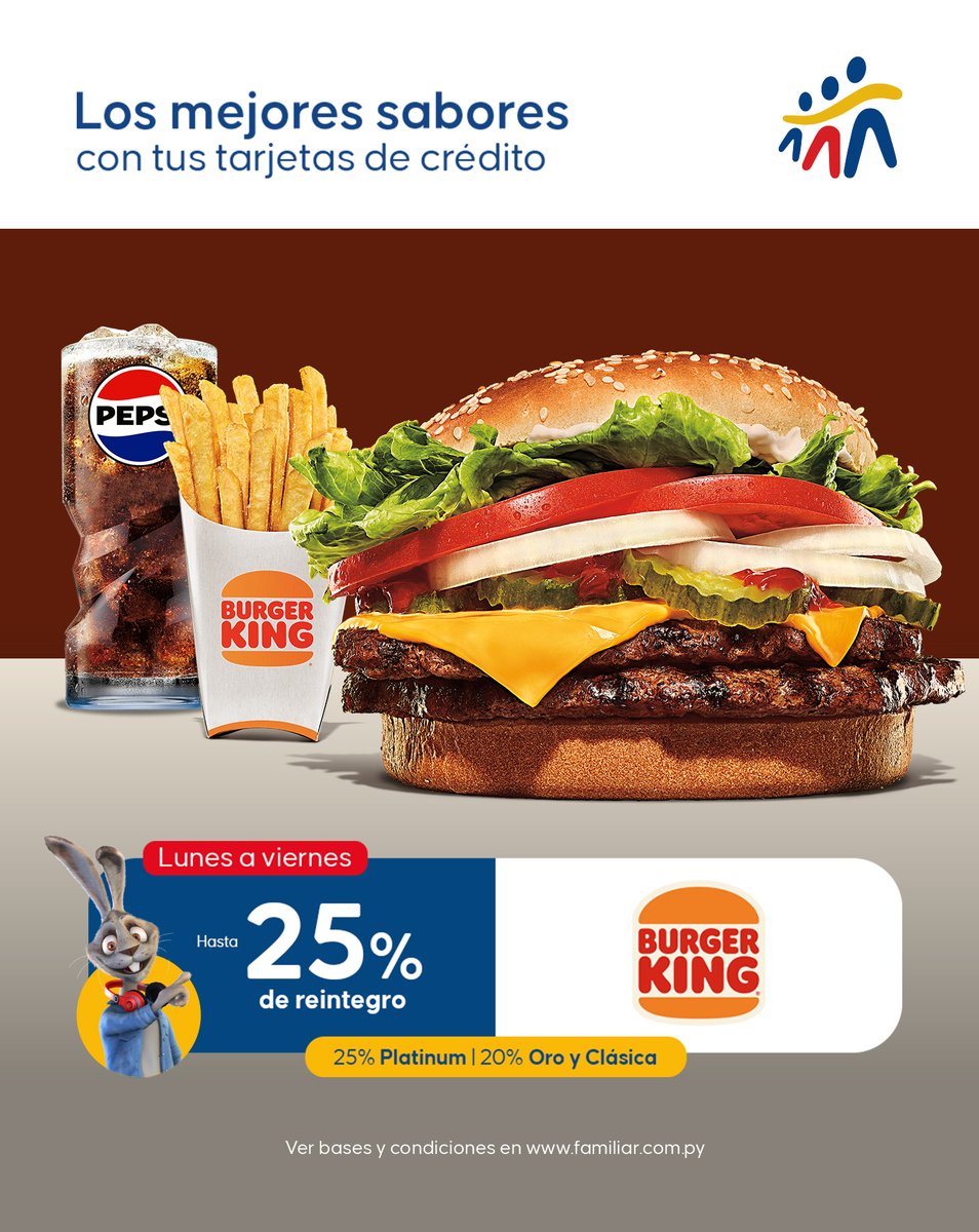 elreydebk's tweet image. ¡De lunes a viernes, beneficios con Banco Familiar! 🍔✨

Aprovechá hasta el 25% de reintegro pagando con tus tarjetas de crédito. 💳

👉🏼 Consultá las bases y condiciones en la web del Banco Familiar. 

Elegí Burger King, #YourWay 👑