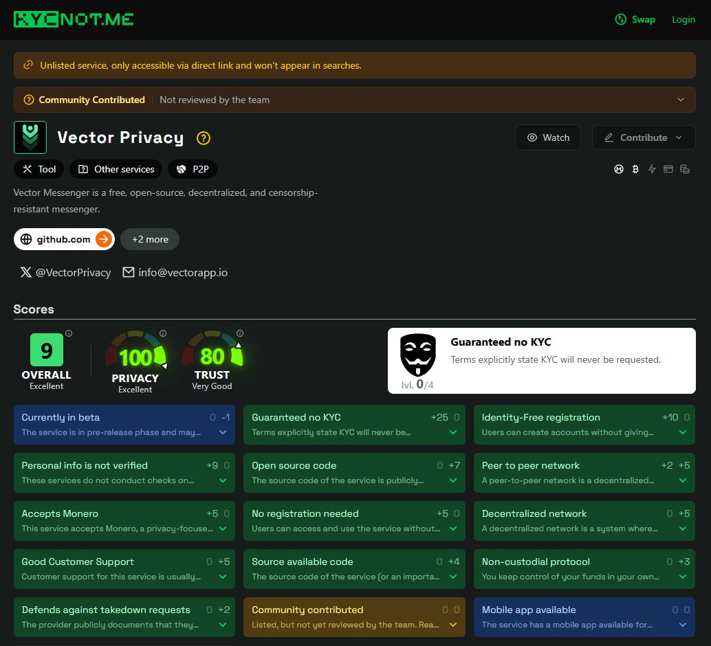 VectorPrivacy's tweet photo. Vector Privacy is now listed on @kycnot as "Community Contributed". We'd like to kindly request the team to review the contributions and we're happy to clarify anything that's unclear.

No KYC Policy:
https://t.co/oVFDL5DBol

View Here:
https://t.co/Uoz7wJ5fJ2 https://t.co/3Mp21rHq0v